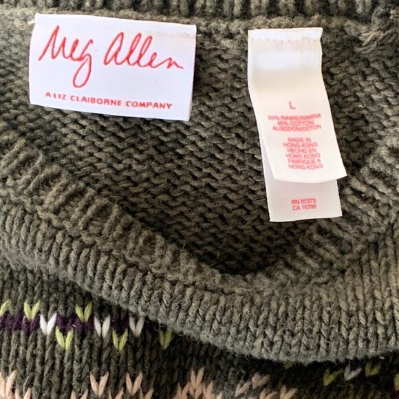 Meg Allen Liz Claiborne Cotton Blend Nordic Sweater L Olive Green 206C - Picture 7 of 8
